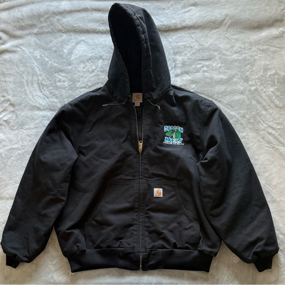 Carhartt 103940 Jacket Mens XL Black Quilted Lined Duck Canvas Hooded Workwear